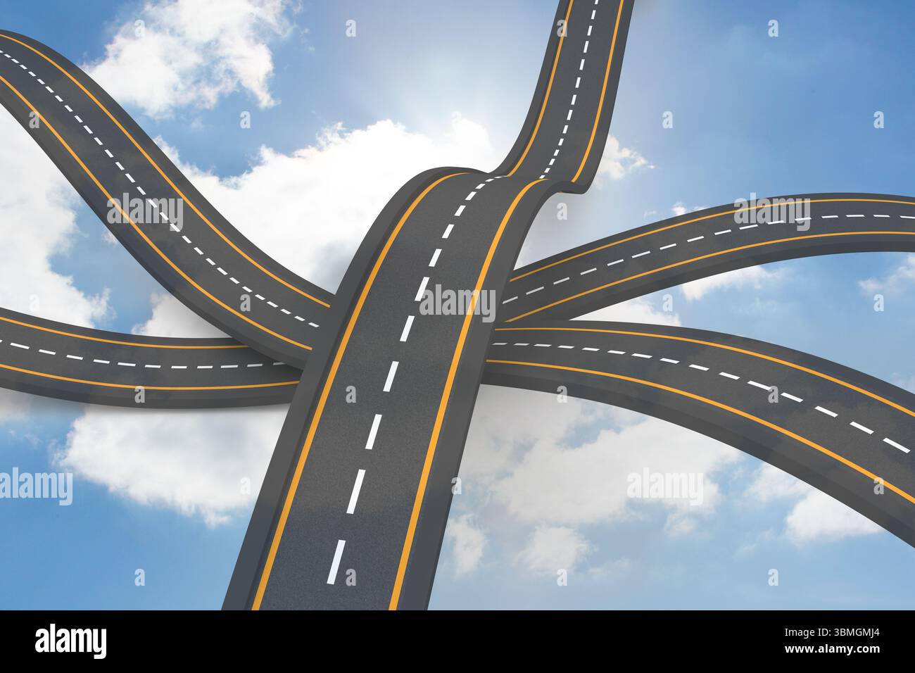 La conception plate surréaliste montre des autoroutes asphaltées torsadées au-dessus des nuages, avec des lignes centrales jaunes Banque D'Images