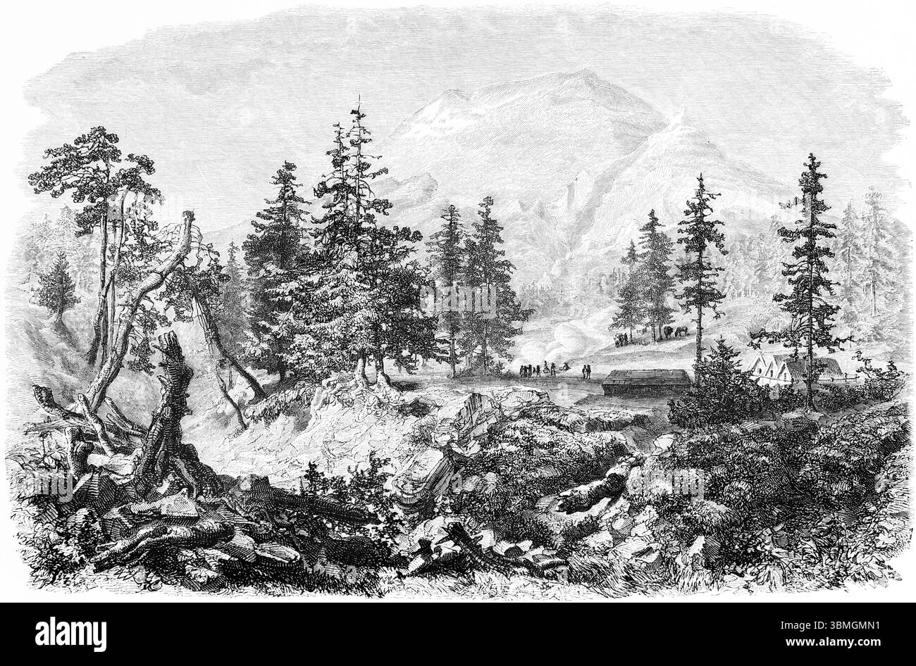Volcan Popocatepetl ou paysage de montagne sauvage Popocatepetl, conifères, maisons, gens, Mexique, Amérique centrale, illustration historique 1888, Centra Banque D'Images