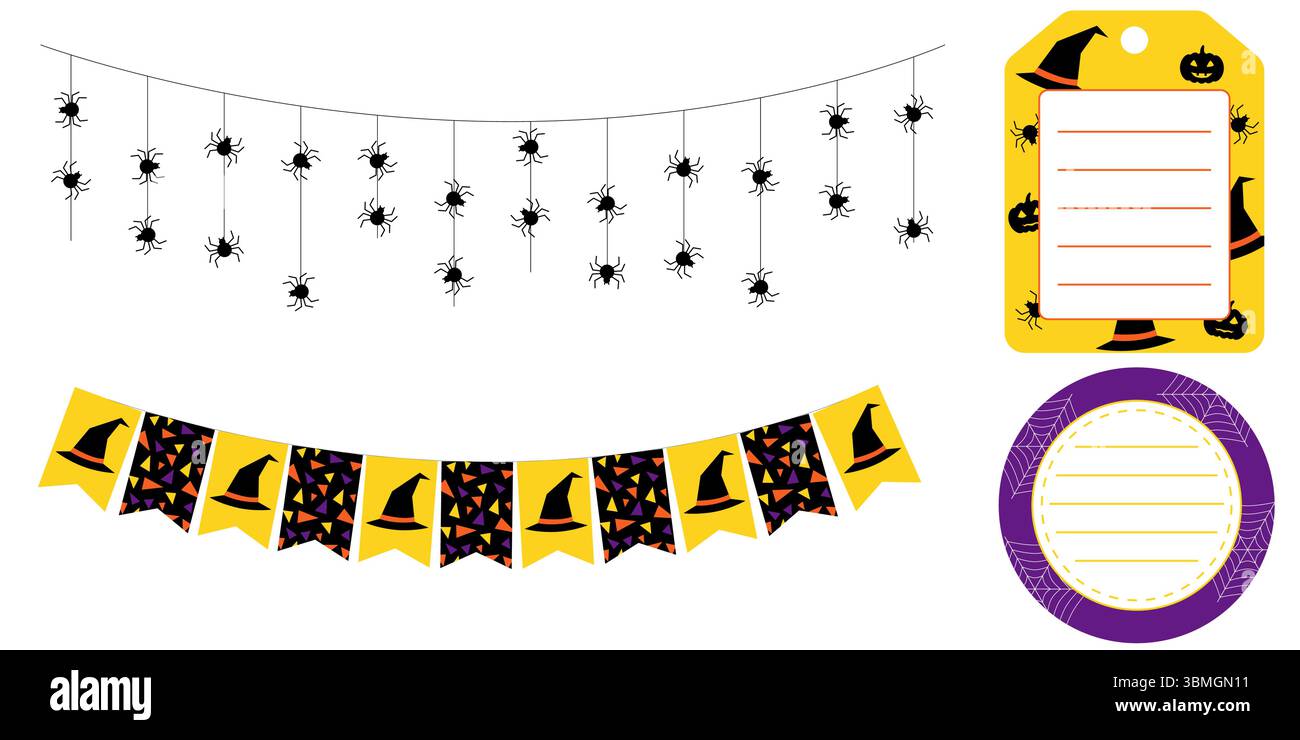 Guirlandes et autocollants d'Halloween en violet orange noir et jaune. Étiquettes carrées et rectangulaires rondes avec des thèmes effrayants. Décorations vectorielles pour Illustration de Vecteur