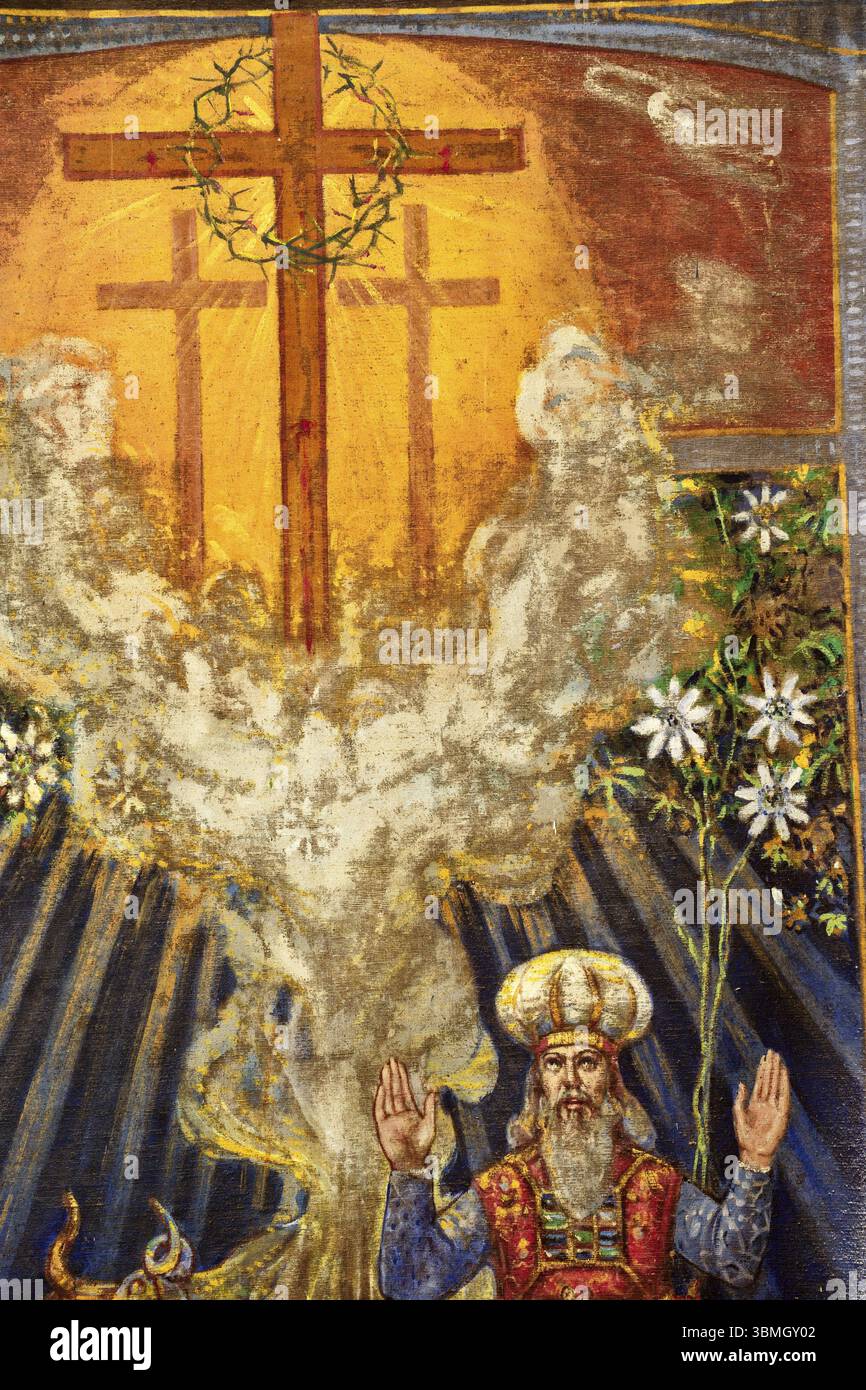 Bischof und Kreuze von Golgatha, Tempelkapelle, 13. Jahrhundert, Wandteppich, Palma, Majorque, Balearen, Spanien Banque D'Images