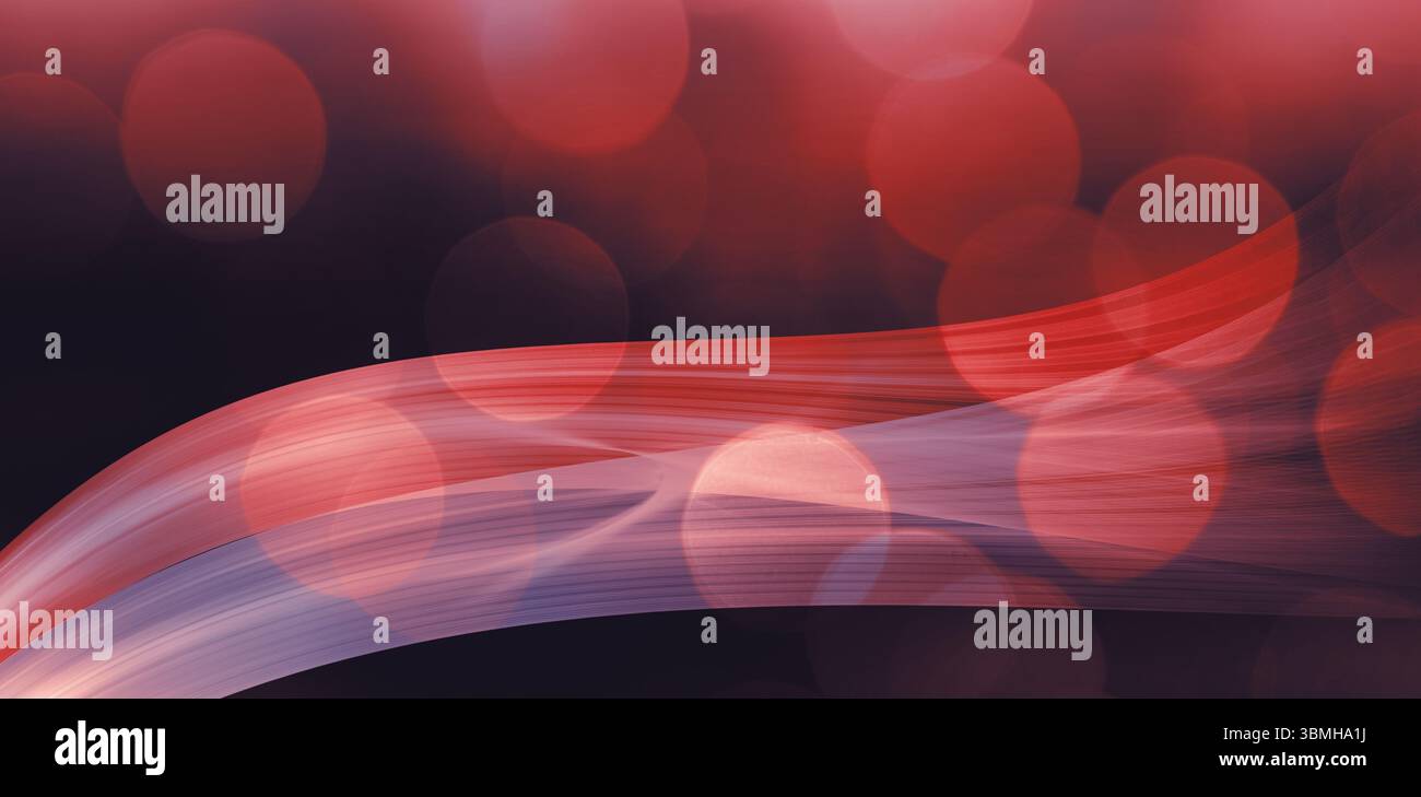 Des rubans rouges et roses et des cercles bokeh coulent sur fond sombre dans un design plat numérique Banque D'Images