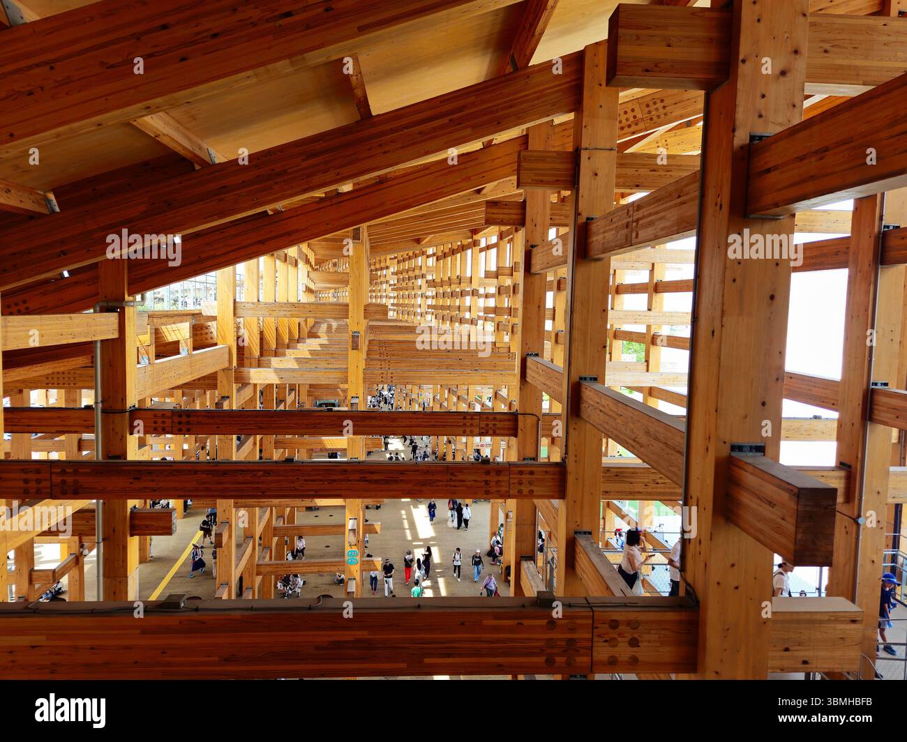 Osaka Kansai Expo 2025 « The Grand Ring » Timber Grid perspective intérieure Banque D'Images