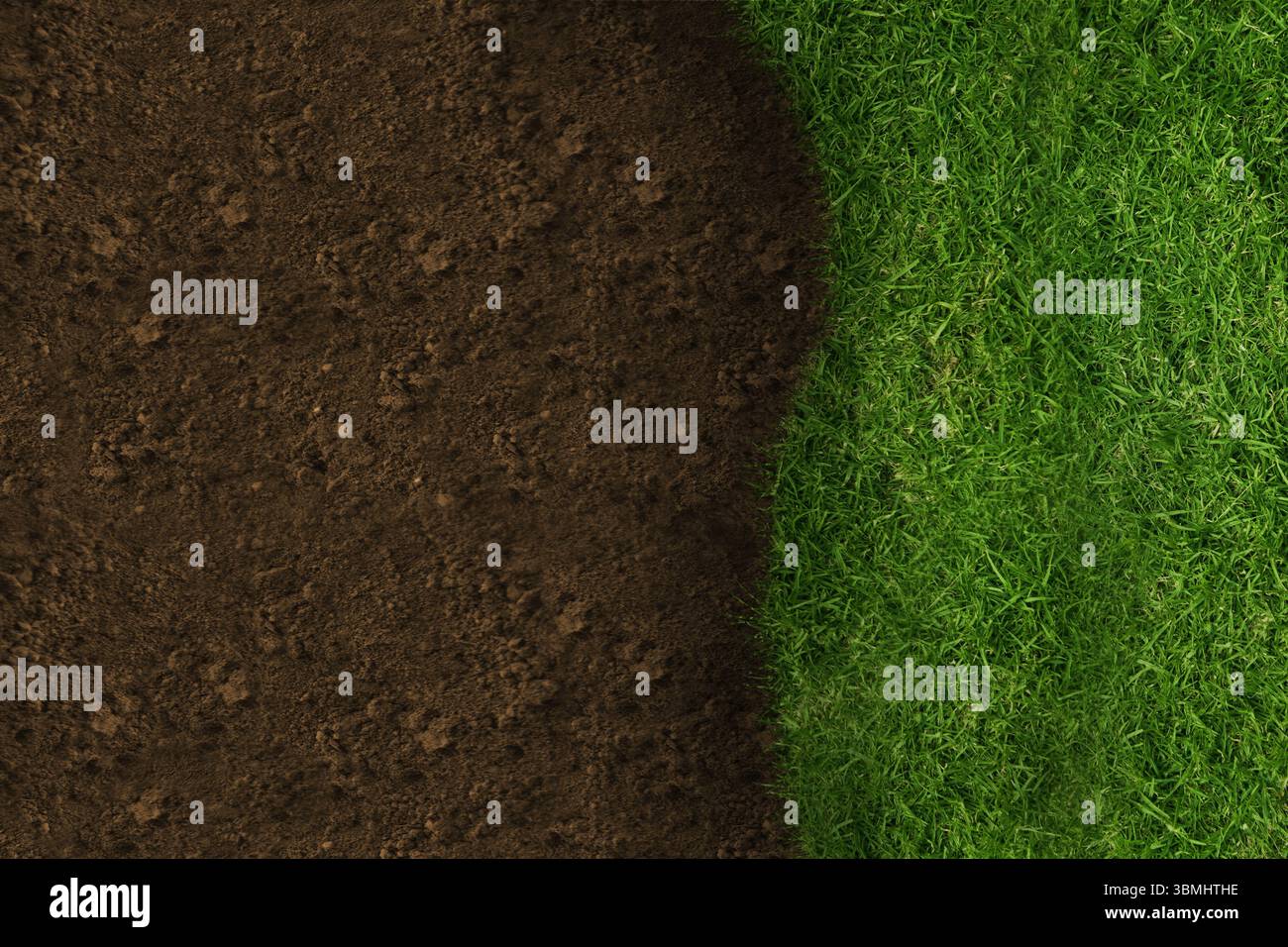 Le sol labouré contrasté et le gazon en herbe sont montrés dans un design plat, mettant en valeur la texture riche Banque D'Images