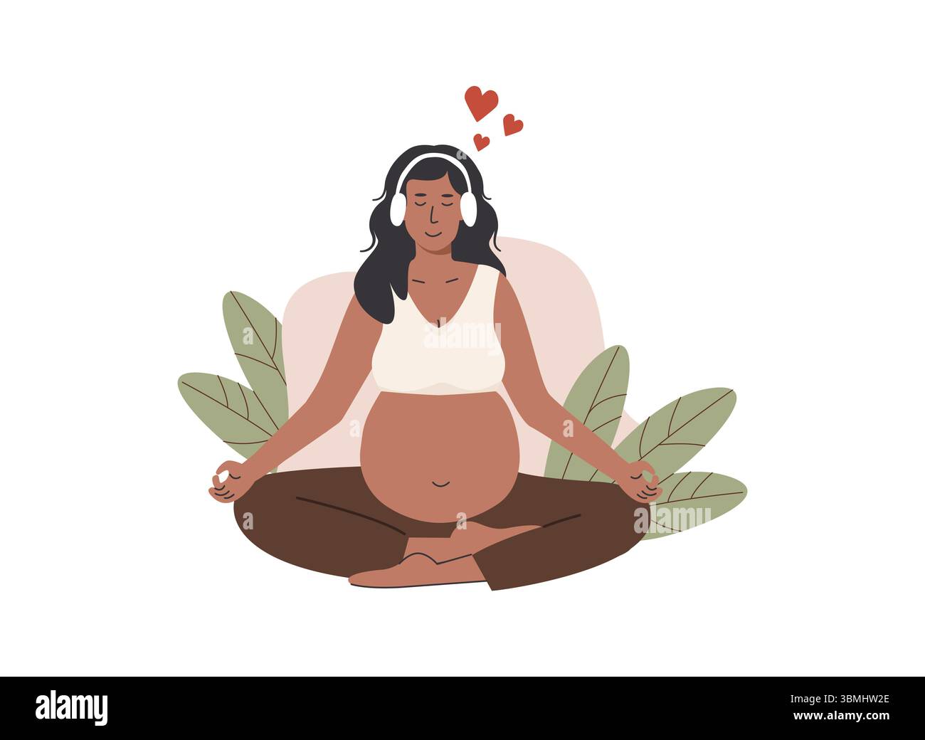 Femme enceinte méditant en position lotus tout en écoutant de la musique avec des écouteurs. Pratiquer l'hypnobirthing pour un accouchement calme et conscient. Plat Illustration de Vecteur