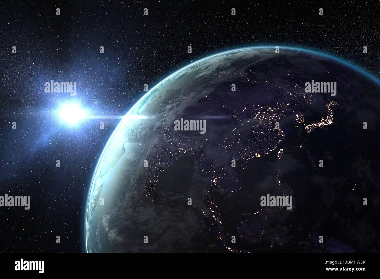 Soleil brillant derrière la planète Terre Banque D'Images