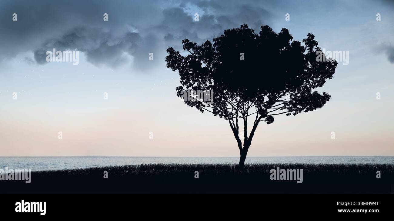 La silhouette d'arbre solitaire de conception plate est debout sur la banque d'herbe par l'océan calme sous les nuages pastel Banque D'Images