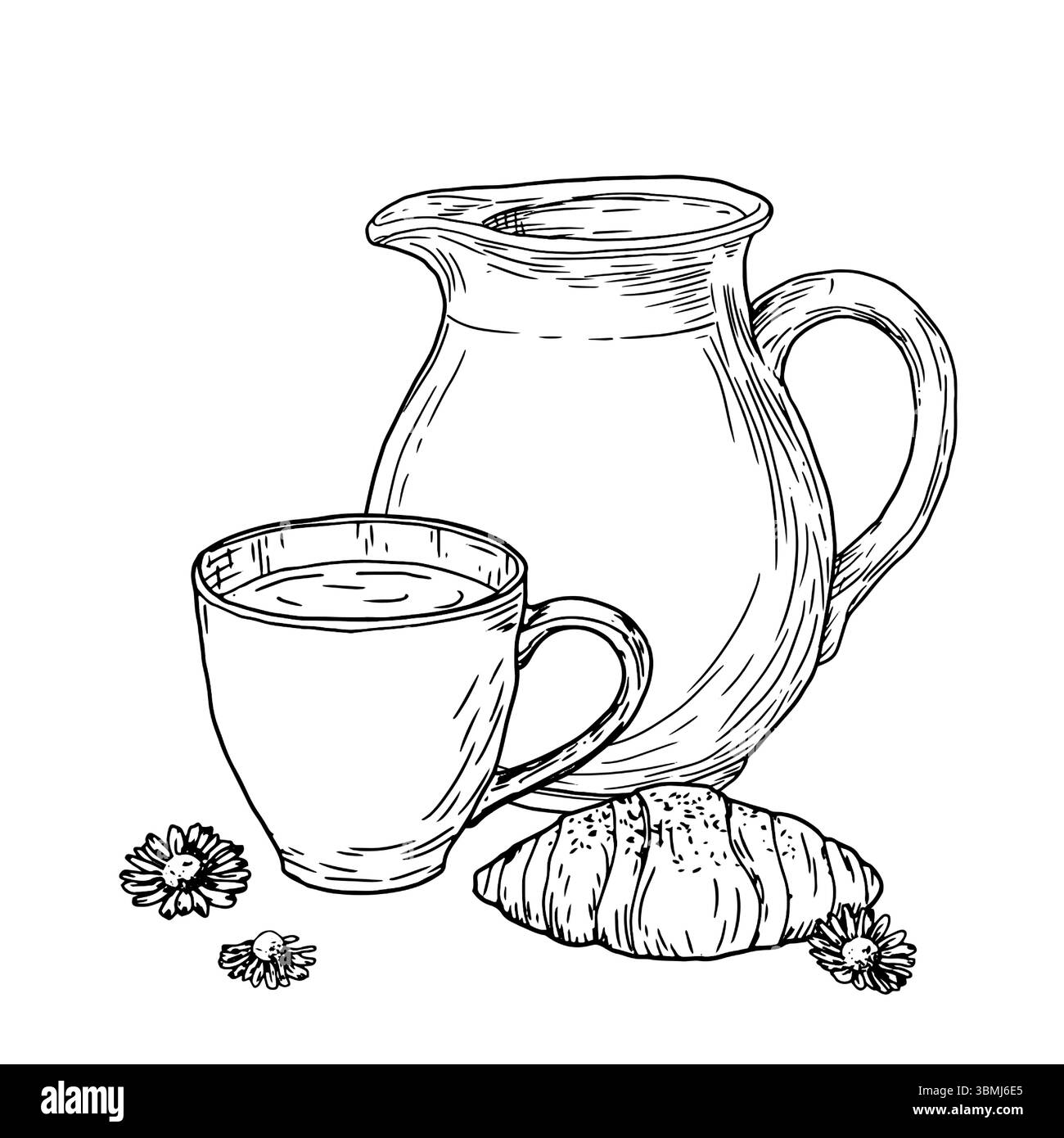 Un pichet de lait et une tasse, à côté d'un petit pain, d'un croissant, d'un croquis à l'encre noire et blanche. Illustration vectorielle. Petit déjeuner rustique, isolé sur un blanc Illustration de Vecteur