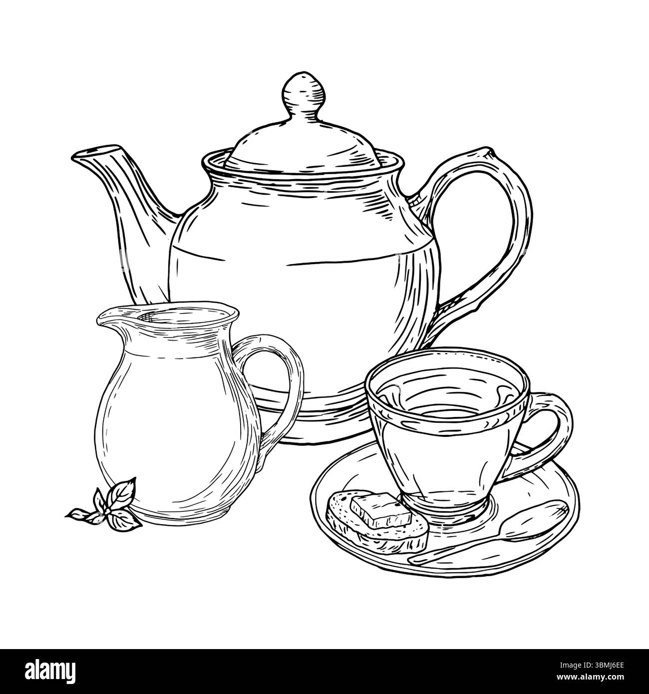 Une théière et une tasse de café, pichet de lait et une cuillère, un croquis à l'encre noire et blanche. Illustration vectorielle. Composition du thé, avec des feuilles d'arbre à thé, a Illustration de Vecteur
