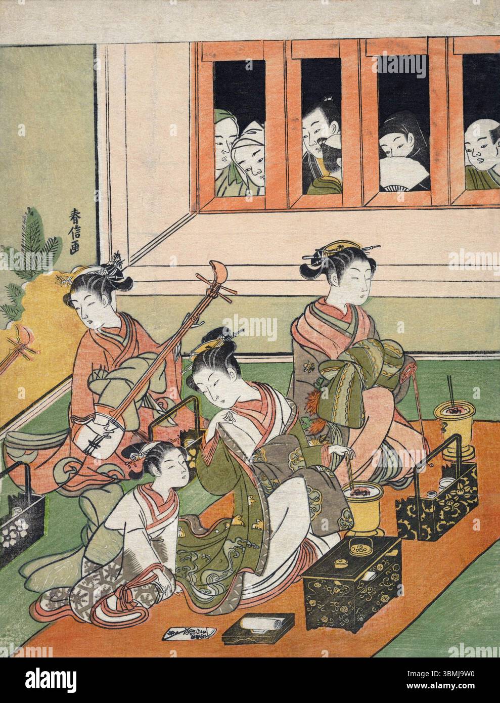 Japon : 'les Watchers et les Watched'. Gravure sur bois ukiyo-e de Suzuki Harunobu (1724-1770) c. 1764-1772. Suzuki Harunobu était un artiste japonais de gravure sur bois, l'un des plus célèbres dans le style Ukiyo-e. Il a été un innovateur, le premier à produire des tirages en couleurs (nishiki-e) en 1765, rendant obsolètes les anciens modes de tirages en deux et trois couleurs. Harunobu utilisa de nombreuses techniques spéciales et dépeignit une grande variété de sujets, des poèmes classiques aux beautés contemporaines (bijin, bijin-GA). Banque D'Images