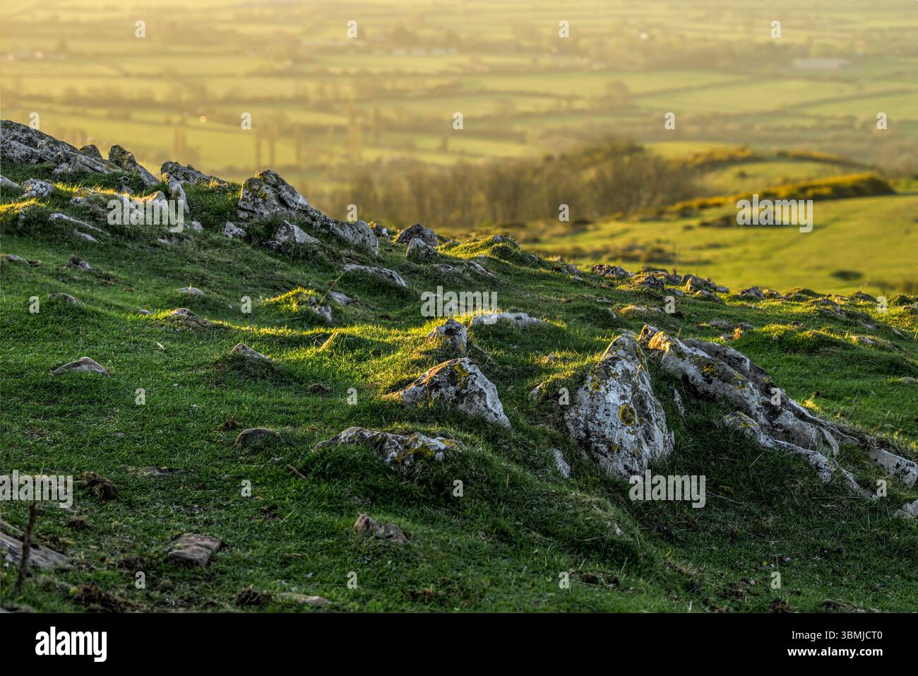 Vue depuis Crook Peak sur l'extrémité ouest des collines de Mendip, Royaume-Uni au lever du soleil montrant des affleurements de formations rocheuses Banque D'Images