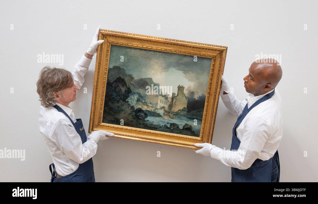 Sotheby's, Londres, Royaume-Uni. 27 juin 2025. Aperçu de la vente aux enchères Sotheby's Old Masters qui aura lieu le soir du 2 juillet. Les temps forts incluent : Joseph Mallord William Turner, R.A. The Rising Squall, Hot Wells, de St Vincent's Rock, Bristol. Montant estimatif : 200 000 à 300 000 £. Crédit : Malcolm Park/Alamy Live News Banque D'Images