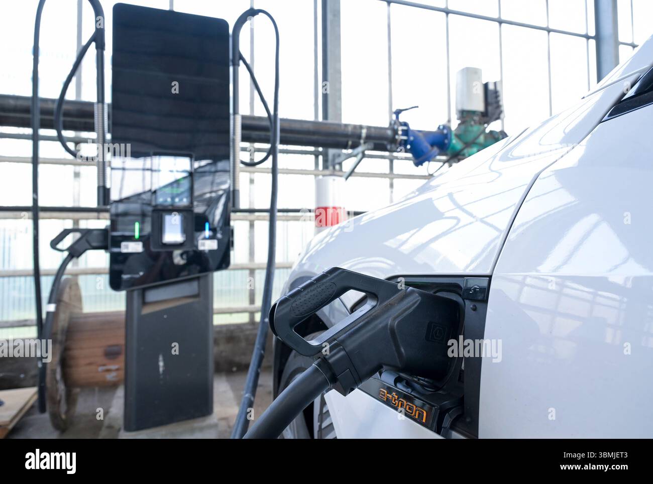 ALLEMAGNE, usine de biogaz, l'énergie électrique est produite à partir du biogaz pour la station de recharge électrique des voitures électriques, Audi e-tron /DEUTSCHLAND, Brokenlande BEI Neumünster, ARA Biogas GmbH & Co. KG, Biogasanlage mit Stromtankstelle für LKW und PKW, Dienstwagen Audi E-tron wird mit AC Strom aus dem BHKW der Biogasanlage geladen Banque D'Images