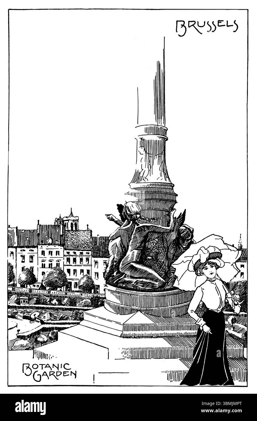 Jardin botanique, Bruxelles Belgique, dessin au trait de Walter Wesley Russell dans Studio Magazine 1903 Banque D'Images