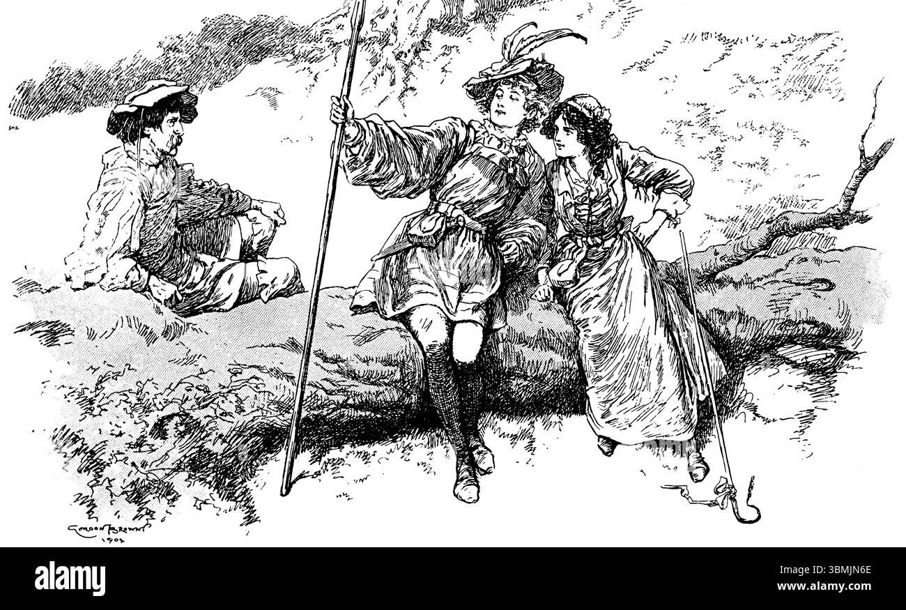 Couple assis sur le tronc d'arbre tombé, illustration de 1902 du Shakespeare Story Book, par l'illustrateur Gordon Browne, du Studio Magazine 1903 Banque D'Images