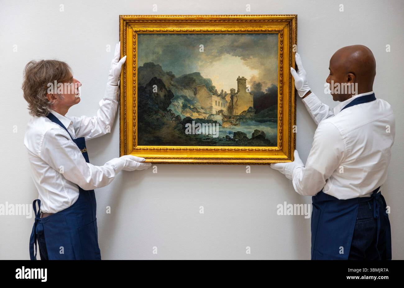 Londres, Royaume-Uni. 27 juin 2025. Le Rising Squall, Hot Wells, de St Vincent's Rock, Bristol par JMW Turner estime entre 200 000 et 300 000 £. Une peinture redécouverte de JMW Turner - la première qu'il ait jamais exposée - à être vue en public pour la première fois en plus de 150 ans, après la découverte de la signature de l'artiste l'année dernière. Photocall pour Sotheby's Old Masters. L'exposition se déroule du samedi 28 juin au mercredi 2 juillet, avant la vente aux enchères du soir du 2 juillet. Crédit : Karl Black/Alamy Live News Banque D'Images