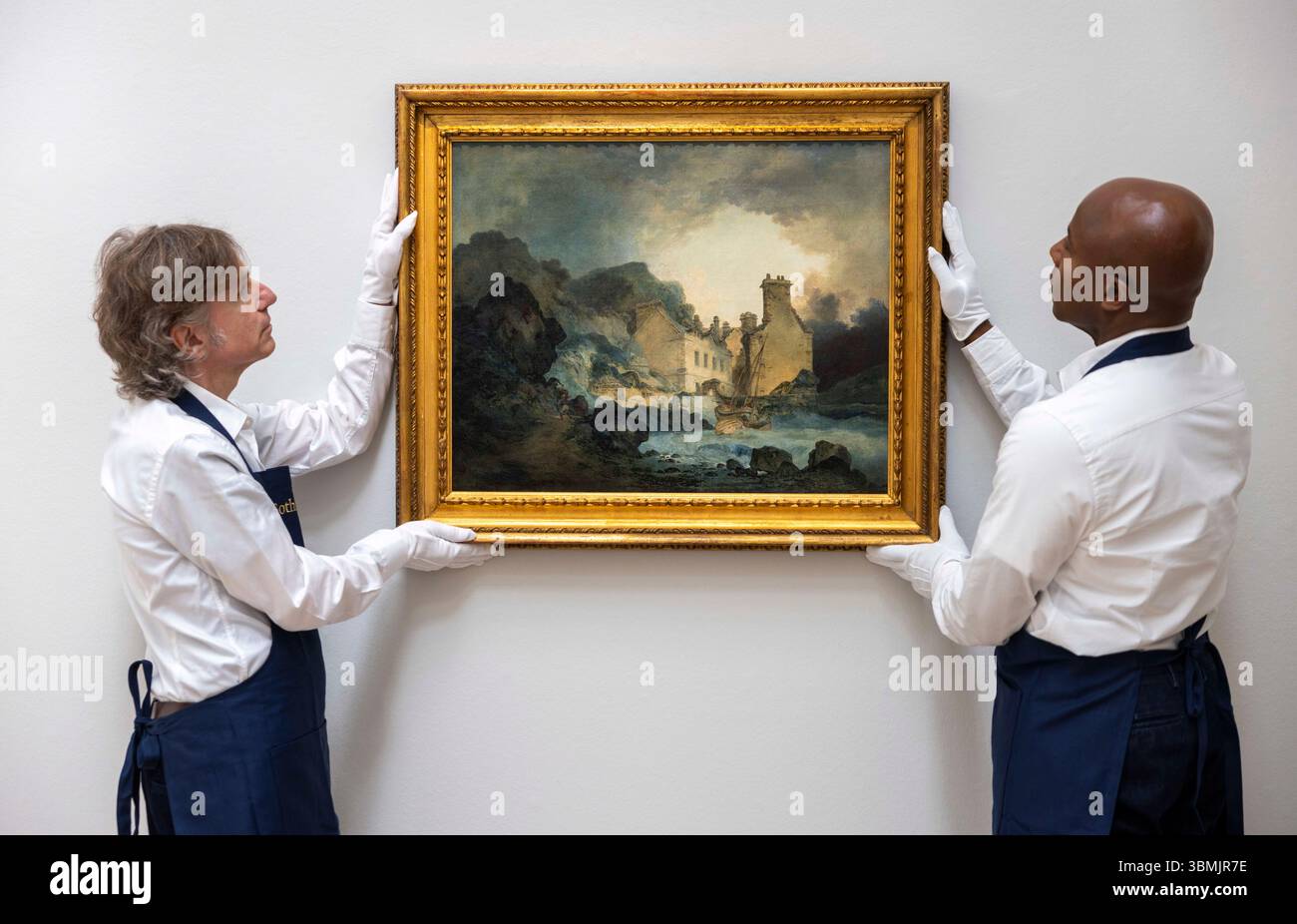 Londres, Royaume-Uni. 27 juin 2025. Le Rising Squall, Hot Wells, de St Vincent's Rock, Bristol par JMW Turner estime entre 200 000 et 300 000 £. Une peinture redécouverte de JMW Turner - la première qu'il ait jamais exposée - à être vue en public pour la première fois en plus de 150 ans, après la découverte de la signature de l'artiste l'année dernière. Photocall pour Sotheby's Old Masters. L'exposition se déroule du samedi 28 juin au mercredi 2 juillet, avant la vente aux enchères du soir du 2 juillet. Crédit : Karl Black/Alamy Live News Banque D'Images