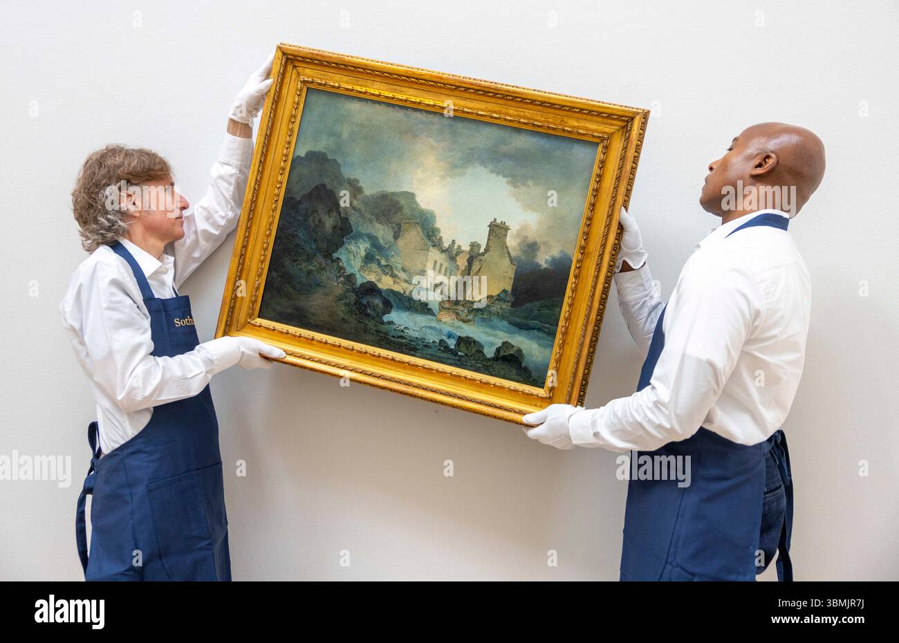Londres, Royaume-Uni. 27 juin 2025. Le Rising Squall, Hot Wells, de St Vincent's Rock, Bristol par JMW Turner estime entre 200 000 et 300 000 £. Une peinture redécouverte de JMW Turner - la première qu'il ait jamais exposée - à être vue en public pour la première fois en plus de 150 ans, après la découverte de la signature de l'artiste l'année dernière. Photocall pour Sotheby's Old Masters. L'exposition se déroule du samedi 28 juin au mercredi 2 juillet, avant la vente aux enchères du soir du 2 juillet. Crédit : Karl Black/Alamy Live News Banque D'Images