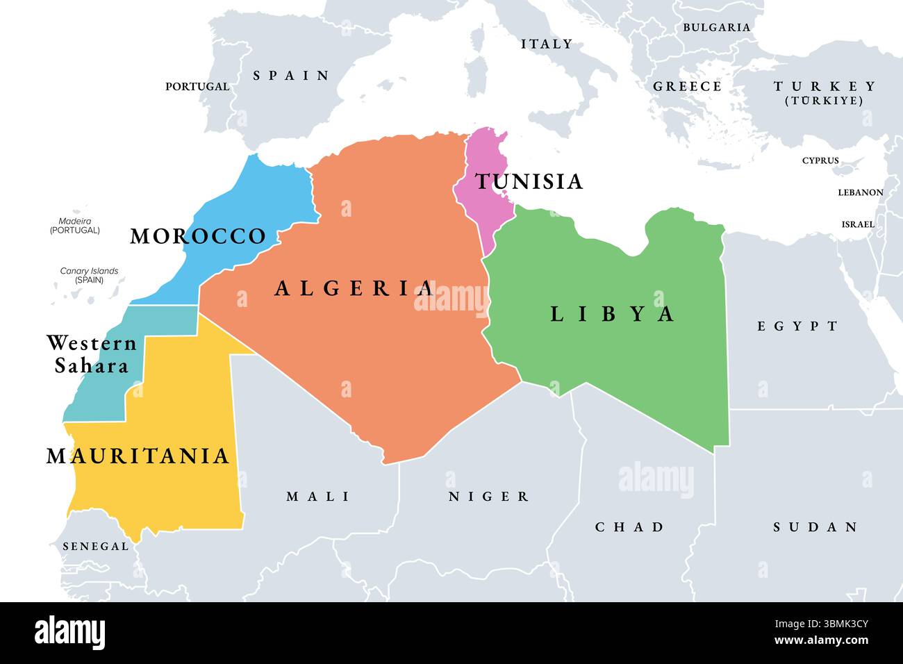 Maghreb, carte politique colorée. Également connu sous le nom de Maghreb arabe, et Afrique du Nord-Ouest. Algérie, Libye, Maroc, Mauritanie, Tunisie, et Sahara occidental. Banque D'Images