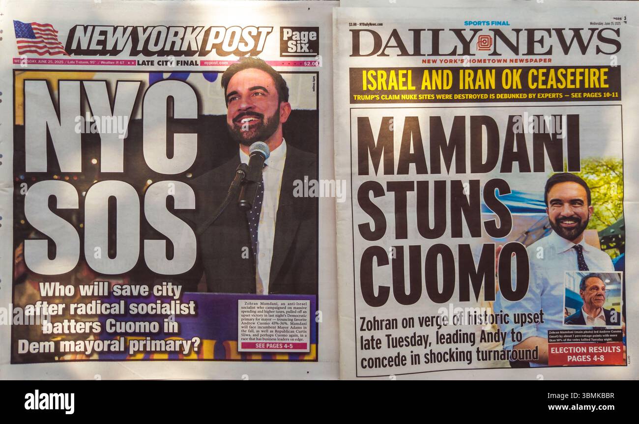 Les titres du NY Post et du NY Daily News du mercredi 25 juin 2025 font état des résultats des élections primaires démocrates des jours précédents, Zohran Mamdani battant Andrew Cuomo. (© Richard B. Levine) Banque D'Images