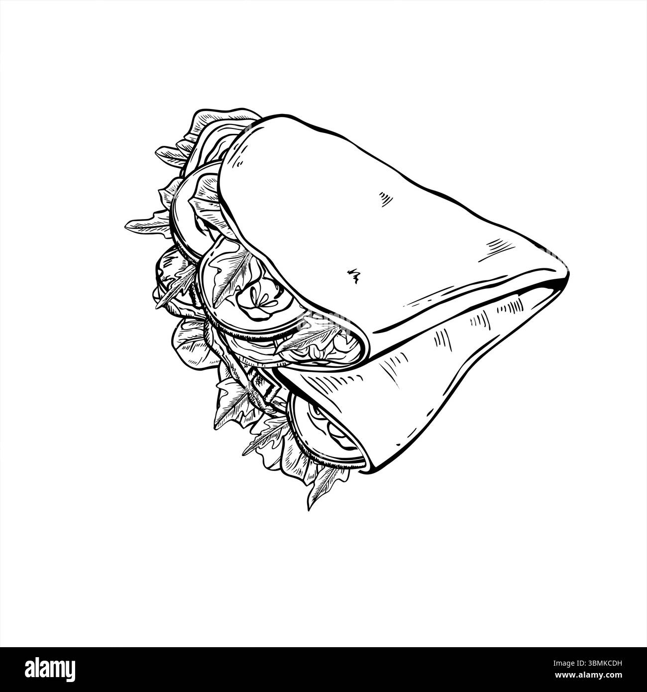 Tortilla ronde avec légumes et feuilles de salade, pliées en quartiers illustration vectorielle peinte par des encres noires. Tortilla végétalienne aux légumes enveloppant la nourriture Illustration de Vecteur