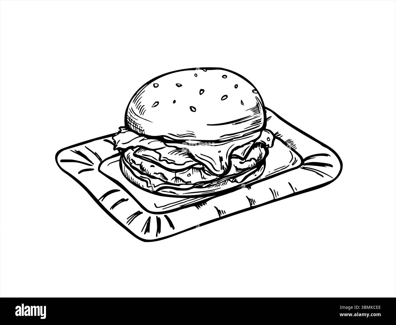 Hamburger monochrome smash servi sur illustration vectorielle de plaque de papier rectangle peinte par des encres noires. Sandwich BBQ avec graines de sésame pour les menus alimentaires Illustration de Vecteur