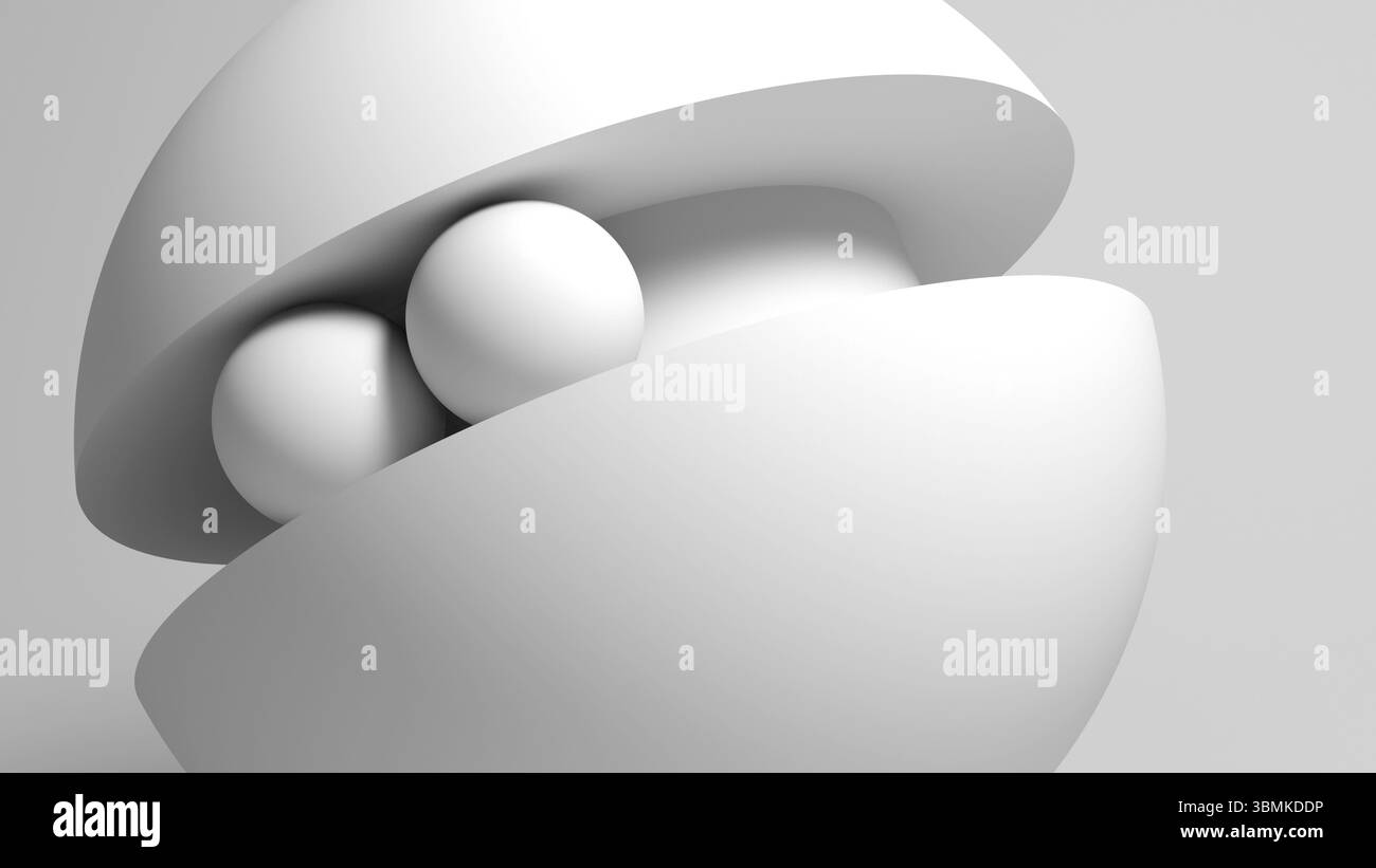 Composition abstraite mettant en vedette des sphères et des formes géométriques, mettant l'accent sur le design et l'arrangement monochromatiques. Installation de formes géométriques. Blanc Banque D'Images