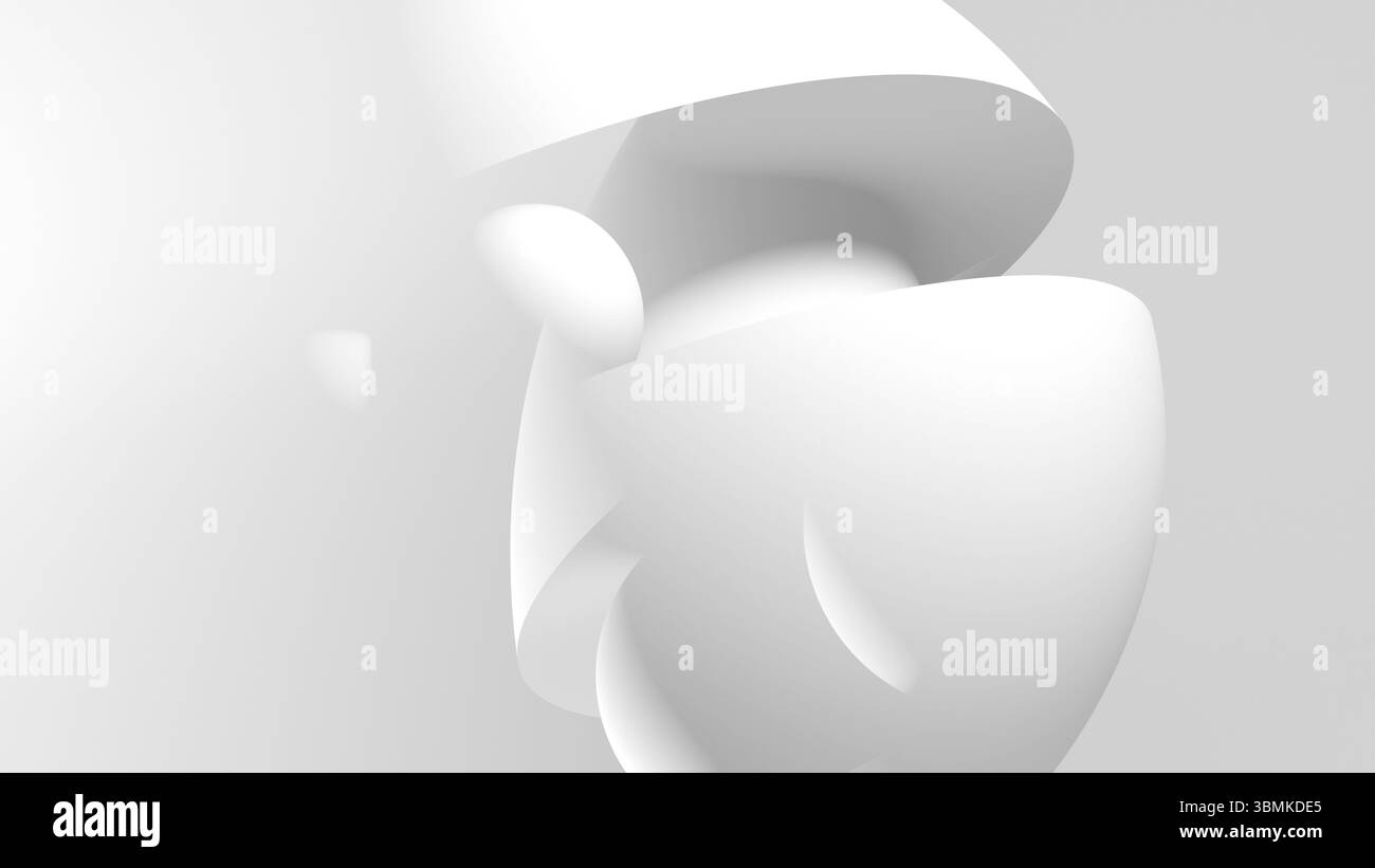 Fond minimal abstrait avec des formes courbes blanches et des sphères qui se chevauchent, évoquant des concepts d'espace, d'équilibre et de fluidité à travers le design moderne. Banque D'Images