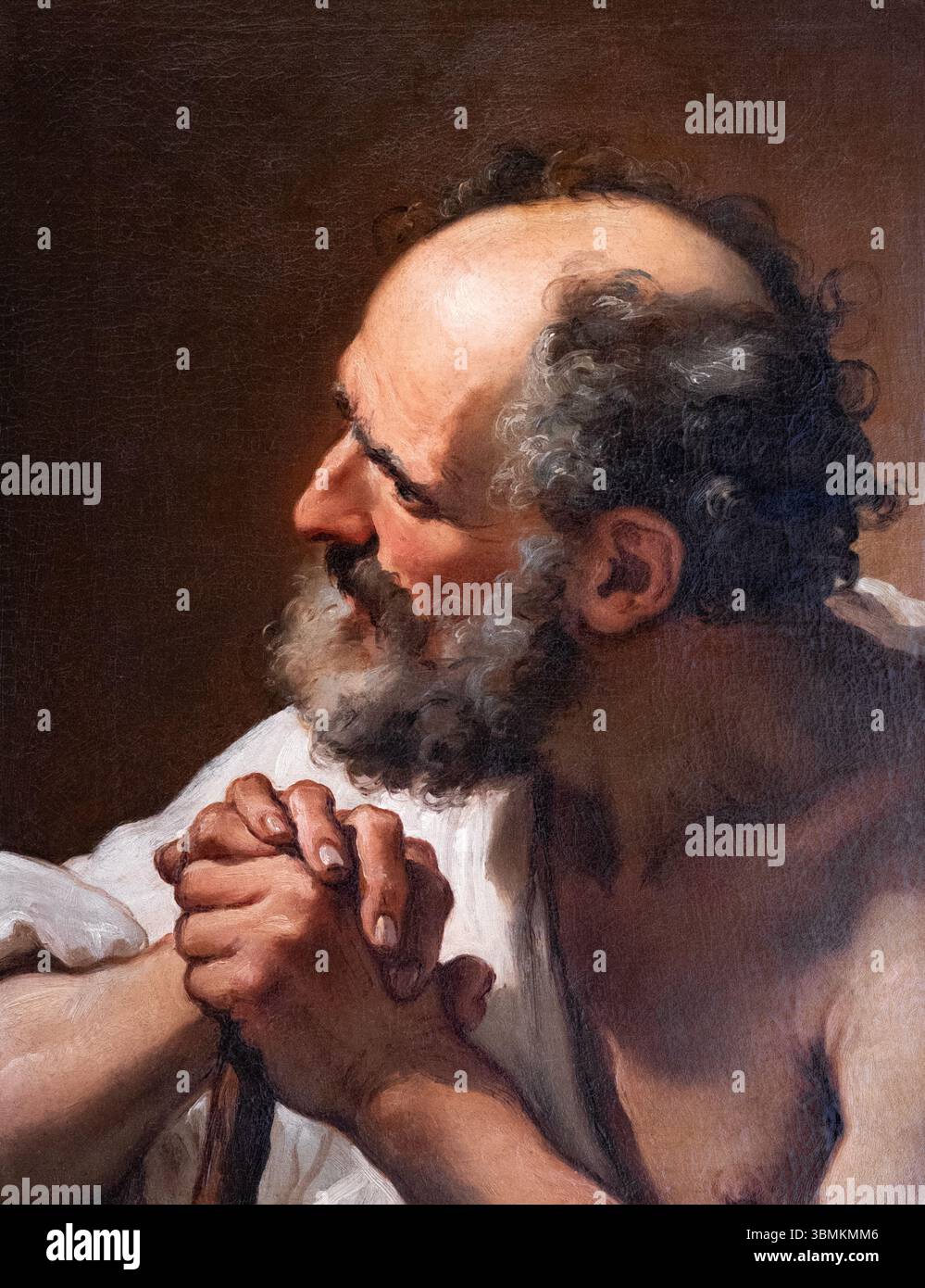 Ubaldo Gandolfi peinture, Portrait d'un vieil homme appuyé sur un bâton. Huile sur toile ; peintre italien du XVIIIe siècle de la fin de la période baroque. Banque D'Images