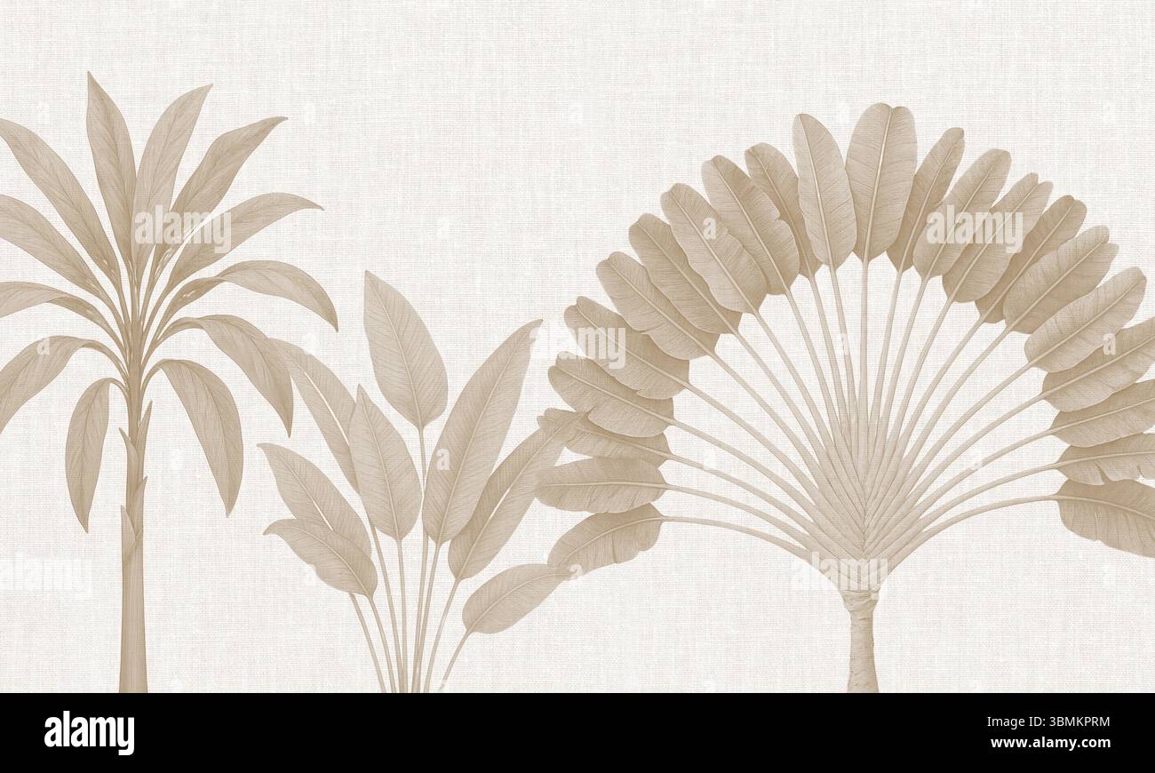Décoration murale Botanical neutre - motif aquarelle feuilles tropicales beige Banque D'Images Décoration murale Botanical neutre - motif aquarelle feuilles tropicales beige Banque D'Images