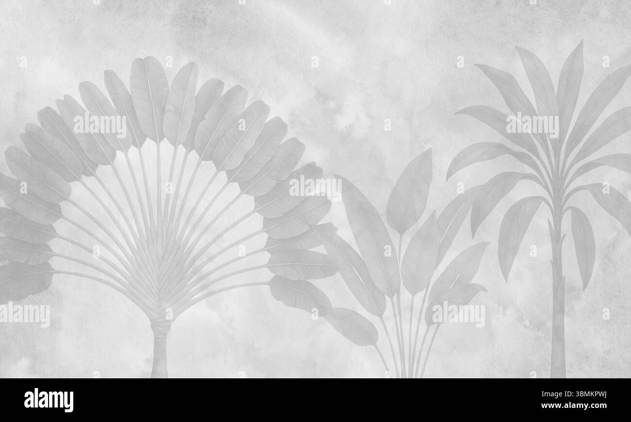 Fresque murale botanique grise - feuilles tropicales en aquarelle douce Banque D'Images Fresque murale botanique grise - feuilles tropicales en aquarelle douce Banque D'Images