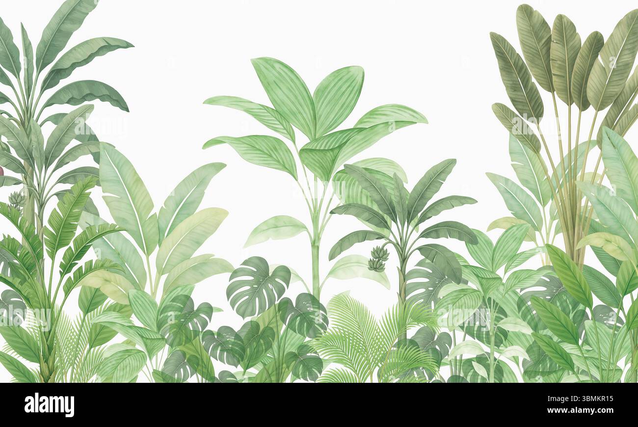 Décoration murale tropicale Jungle - aquarelle feuilles vertes illustration botanique Banque D'Images Décoration murale tropicale Jungle - aquarelle feuilles vertes illustration botanique Banque D'Images