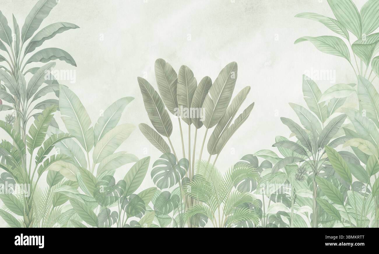 Feuilles tropicales de la jungle soufflant dans le vent - imprimé botanique vert Banque D'Images Feuilles tropicales de la jungle soufflant dans le vent - imprimé botanique vert Banque D'Images