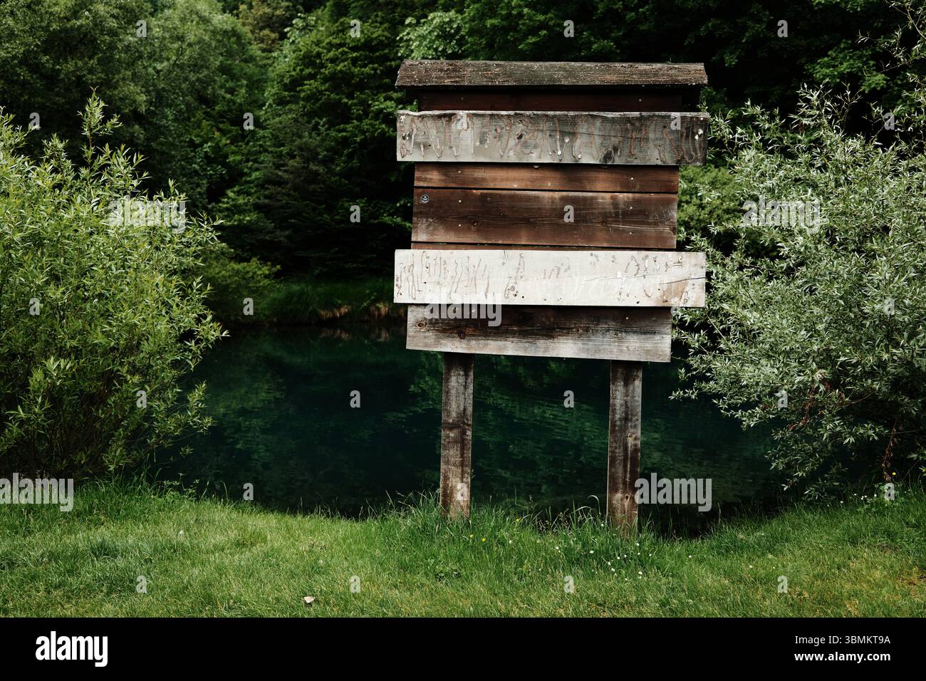 Panneau en bois altéré sur pilotis se tient près d'une rivière calme et verte entourée de forêt. Une scène d'une réserve naturelle tranquille. Copier l'espace pour les voyages et Banque D'Images