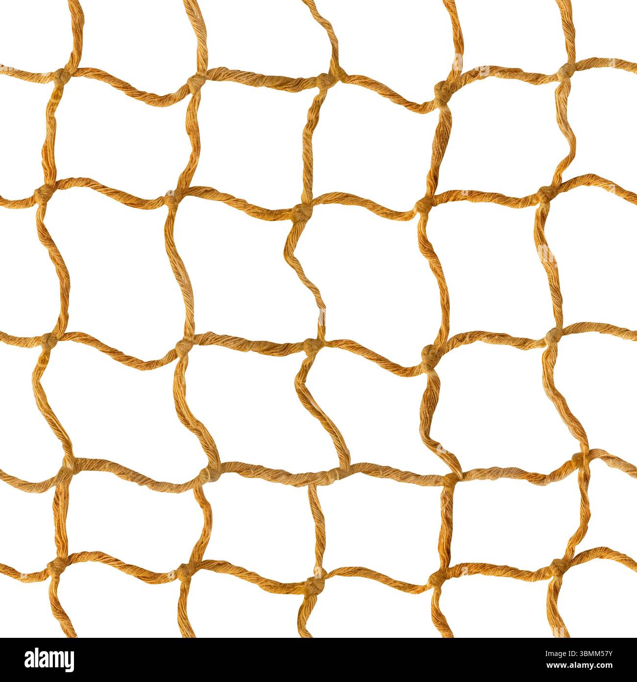 Texture 4k sans couture isolée de maille tressée de corde de tissu brun sur fond blanc. Banque D'Images