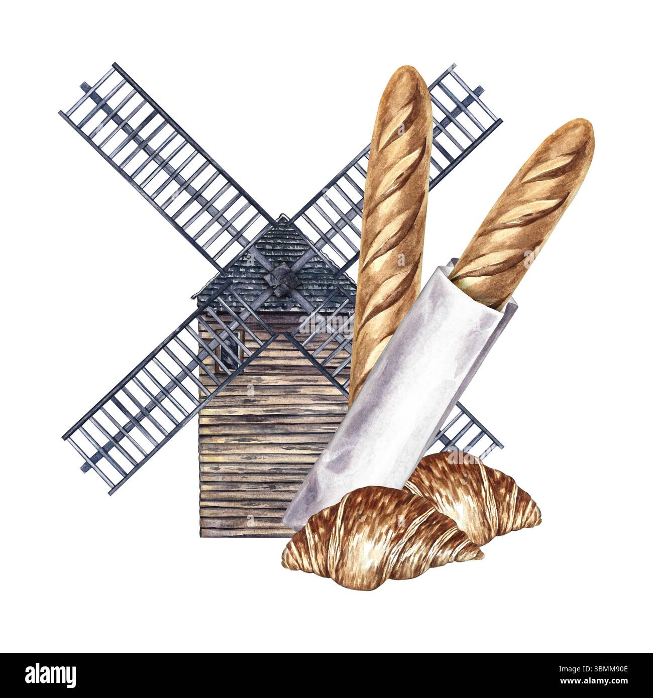 Baguette française et croissant sur le fond d'un mill. Illustration d'aquarelle dessinée à la main. Image couleur. Éléments de la cuisine française. FO Banque D'Images