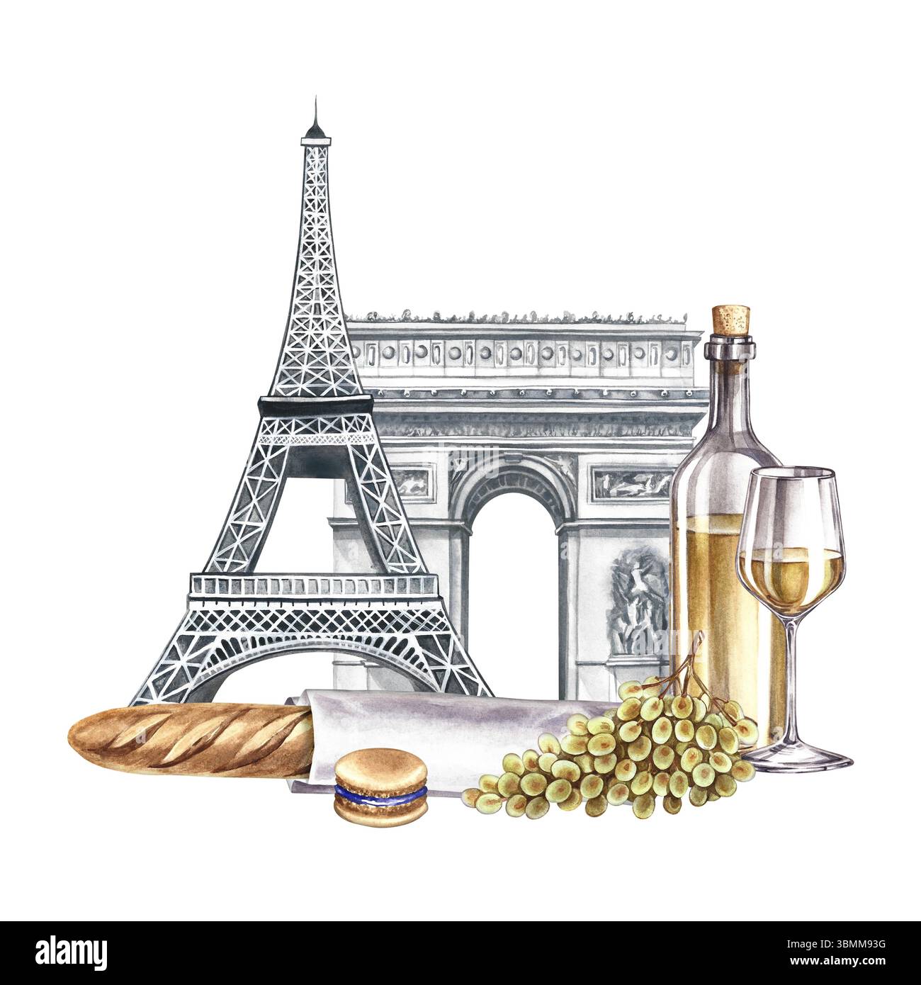 Paris. Illustration d'aquarelle dessinée à la main. Bouteille de vin, verre, bouquet de raisins et baguette sur le fond de la Tour Eiffel et de l'Arc de T. Banque D'Images