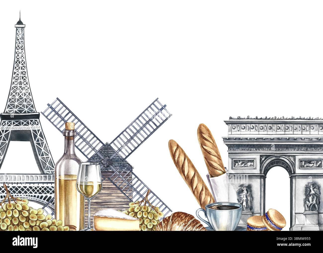 Un cadre avec des images de monuments et de produits parisiens. Illustration d'aquarelle dessinée à la main. Vin, raisins, baguettes, fromage, croissants, et macaron, Banque D'Images