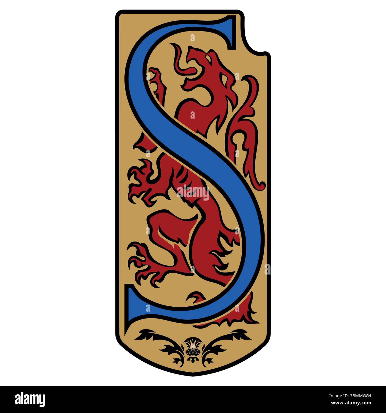 Design écossais dans un style vintage et rétro. Lion héraldique dans un bouclier et lettre initiale vintage S dans le style celtique avec ornement ethnique Illustration de Vecteur