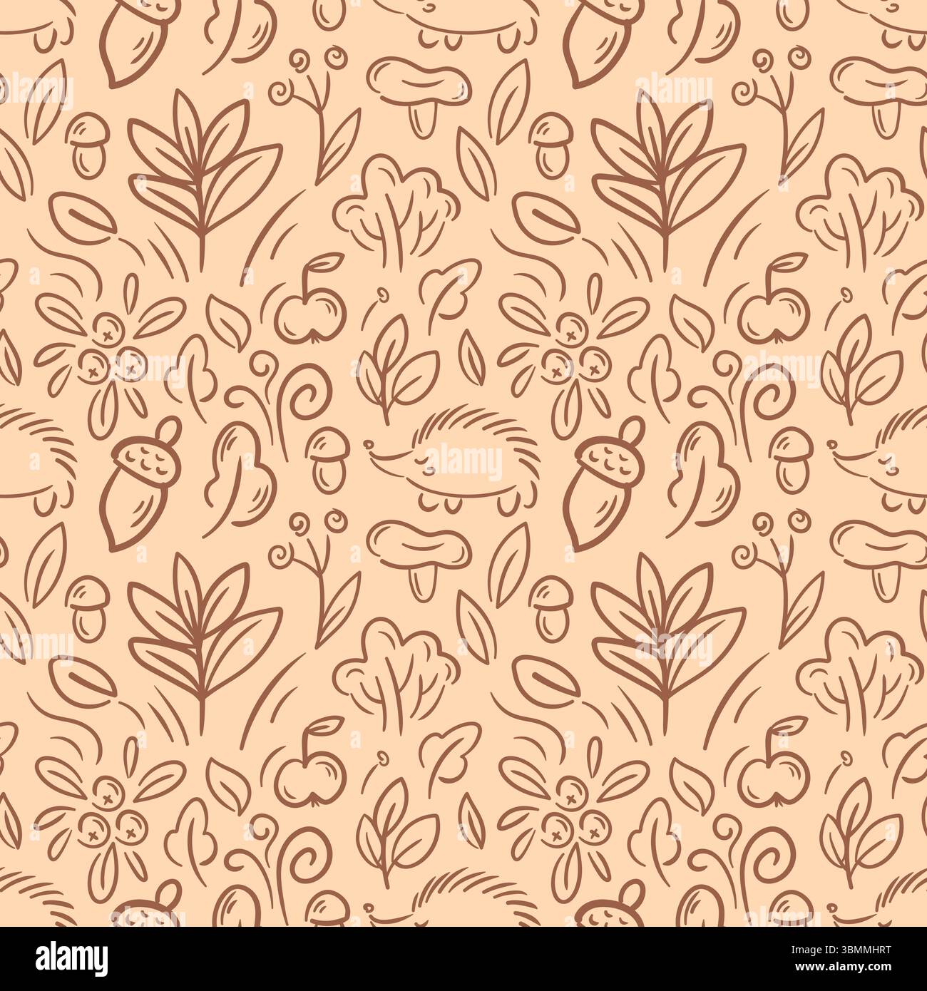 Ce motif sans couture présente des éléments fantaisistes dessinés à la main comme des hérissons, des plantes, des champignons et des glands sur un fond beige doux. Le charmi Illustration de Vecteur