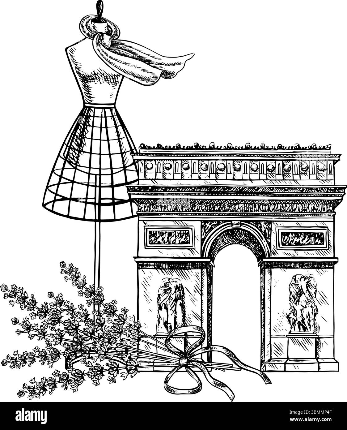 Un mannequin de tailleur avec une écharpe lavande et l'Arc de Triomphe à Paris. Graphiques vectoriels, illustrations en noir et blanc dessinées à la main. C'est un élément Illustration de Vecteur