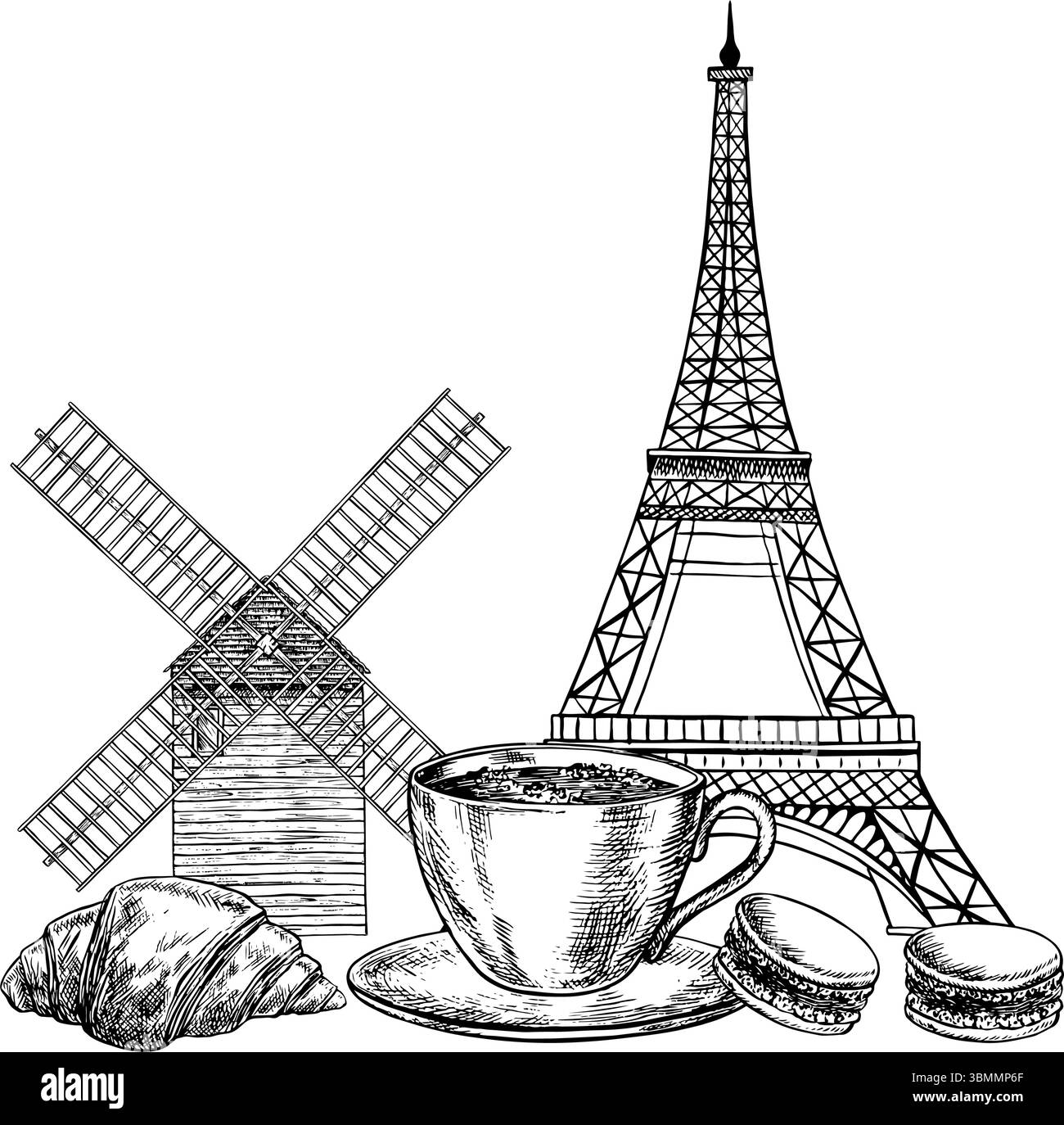 Une tasse de café et des pâtisseries françaises avec croissants et biscuits aux amandes, fond de la Tour Eiffel et un moulin à Paris. Vecteur noir et blanc Illustration de Vecteur
