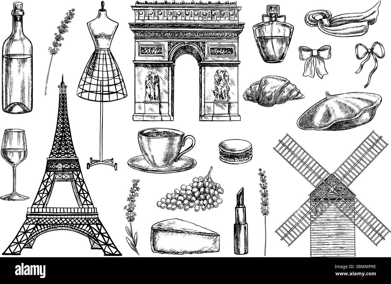Un ensemble dédié à la culture française. Vectoriel, noir et blanc graphiques dessinés à la main. Monuments parisiens. Mode, cuisine, vin et architecture. Pour Illustration de Vecteur