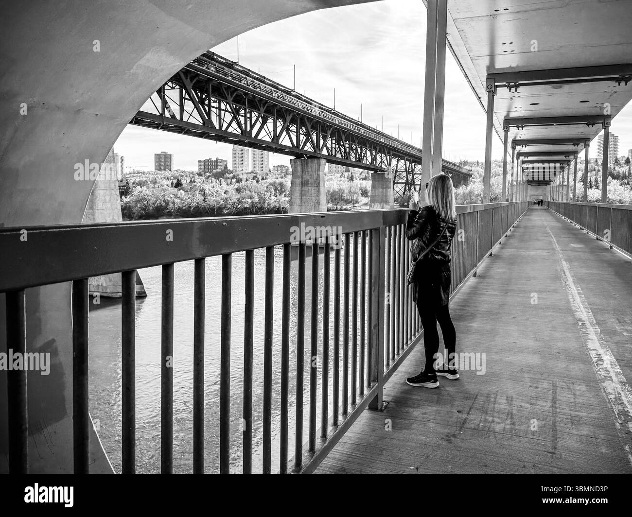 Edmonton (Alberta) - 13 octobre 2024 : une femme prend des photos de la ligne d'horizon d'Edmonton depuis les sentiers de la rivière Banque D'Images