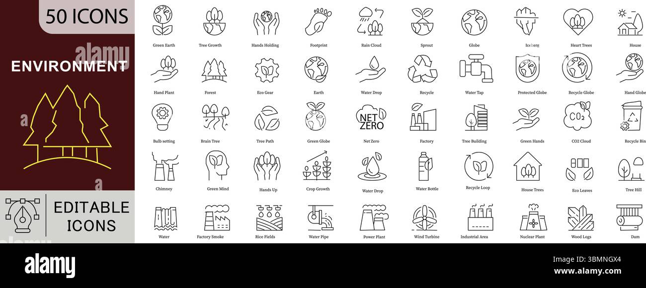 Ensemble d'icônes écologie de l'environnement - 50 icônes éditables de la nature verte pour la durabilité, le changement climatique et la protection de l'environnement Collection de vecteurs Illustration de Vecteur