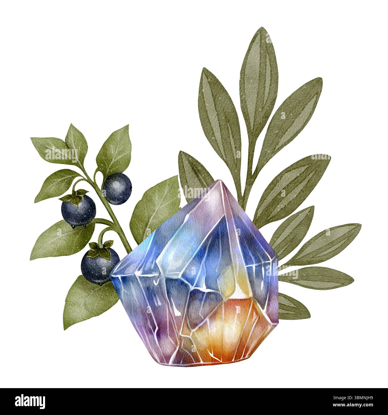 Cristal multicolore avec une surface à facettes placée entre les feuilles vertes et les baies foncées. Parfait pour la fantaisie, la nature magique ou les thèmes mystiques à base de plantes Banque D'Images