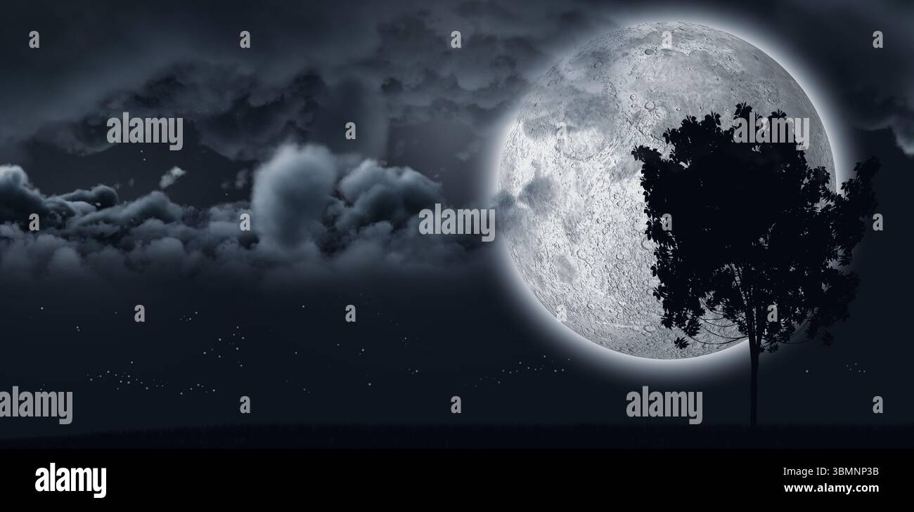 Lune qui brille derrière un arbre et nuages Banque D'Images