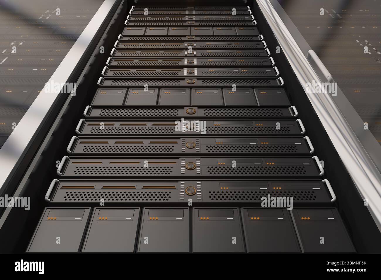 Le rack de serveur équipé étend la perspective dans le rendu 3D, avec des panneaux perforés et des LED orange Banque D'Images