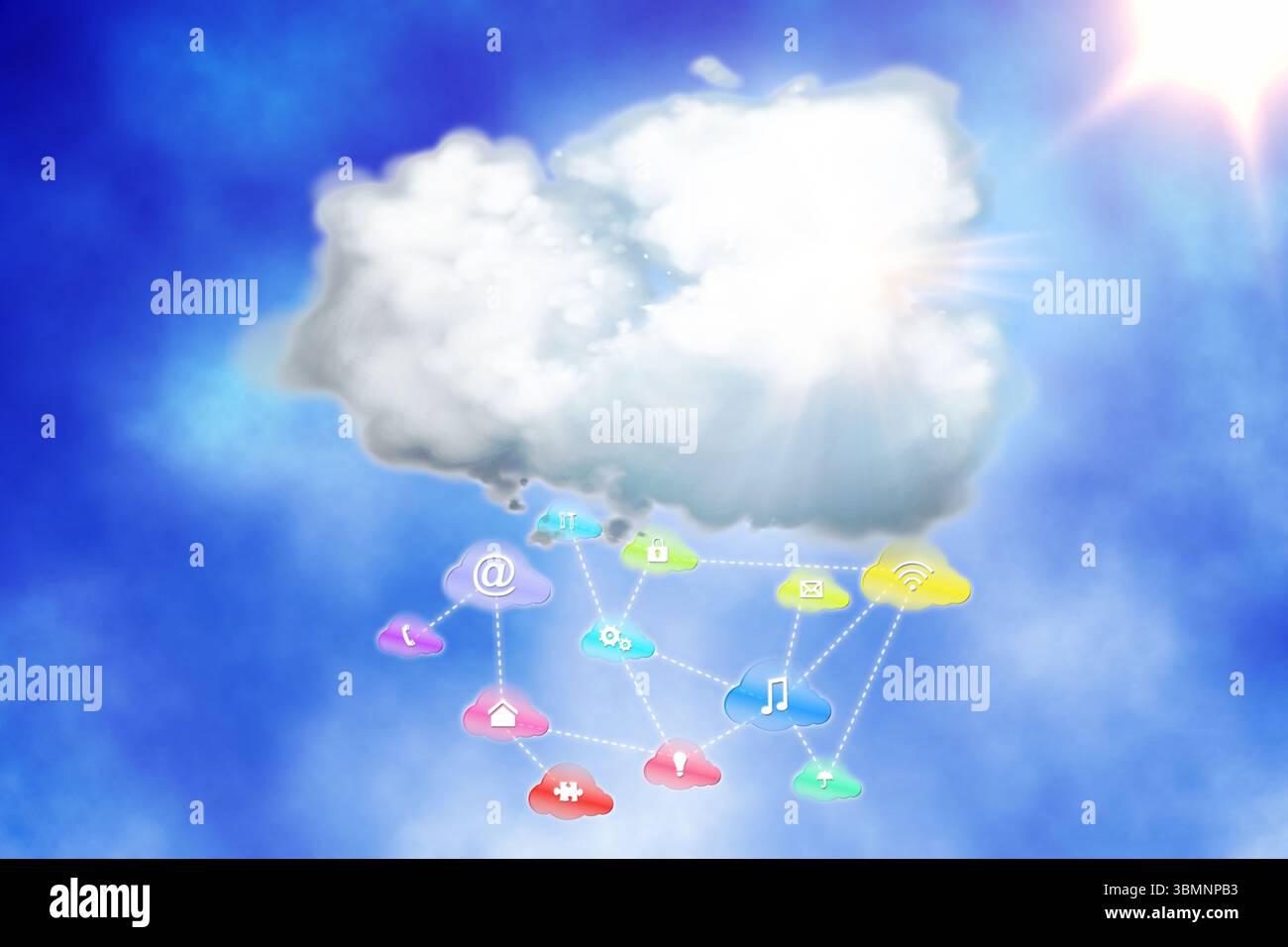 L'icône de nuage blanc central connecte des symboles de nuage colorés dans le ciel plat de conception avec l'éruption du soleil Banque D'Images L'icône de nuage blanc central connecte des symboles de nuage colorés dans le ciel plat de conception avec l'éruption du soleil Banque D'Images