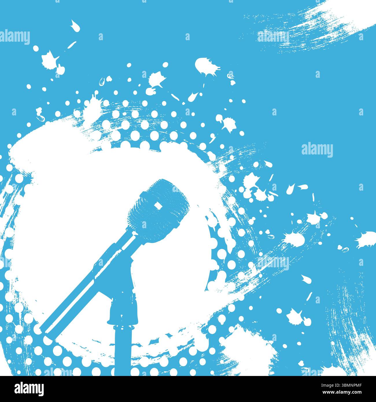 Image carrée de microphone sur splat de peinture blanche et points sur fond bleu, avec espace de copie Banque D'Images