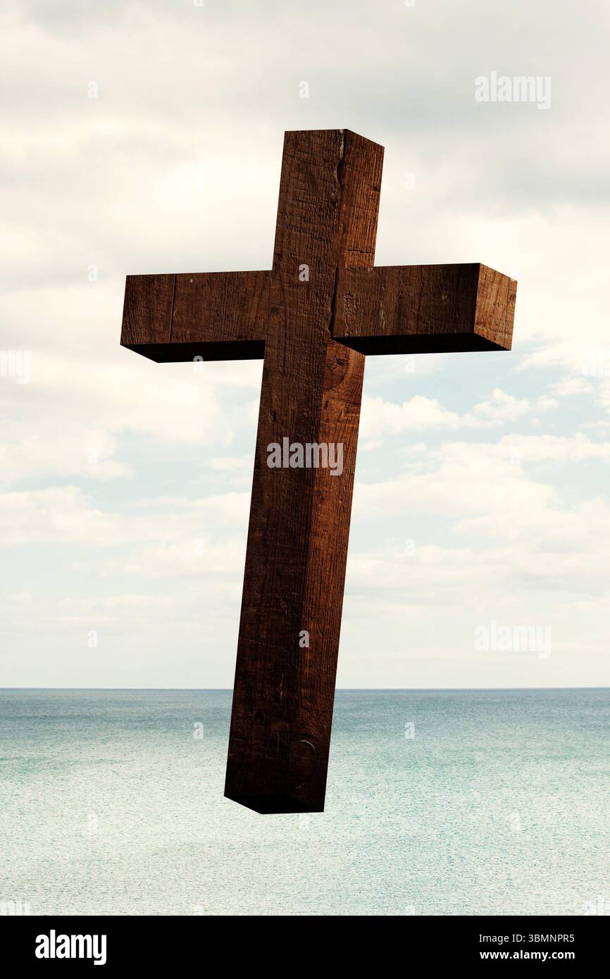 Croix en bois flottant au-dessus de la mer turquoise calme sous ciel nuageux pâle dans un design plat Banque D'Images